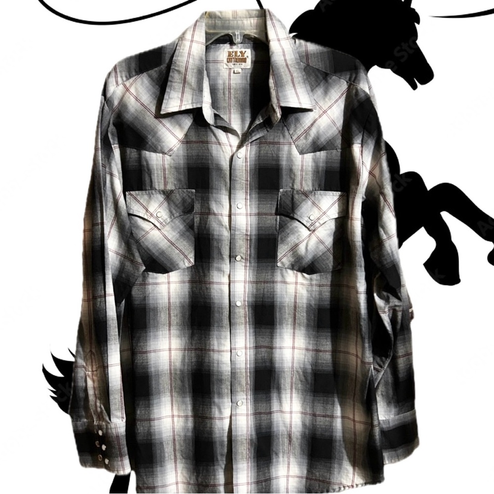 Ely Men's Western Black and Gray Plaid Shirt Pearl Snaps Size XL